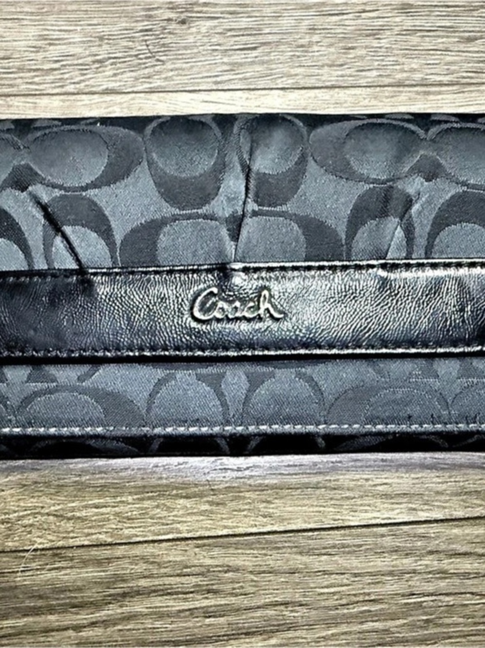 Coach Signature C Black Jacquard and Patent Trim Flap Wallet